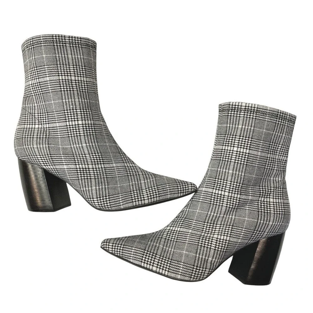 Jeffrey Campbell Glen Plaid Ankle Boot Womens 7.5 Pointed Toe Block Heel Booties